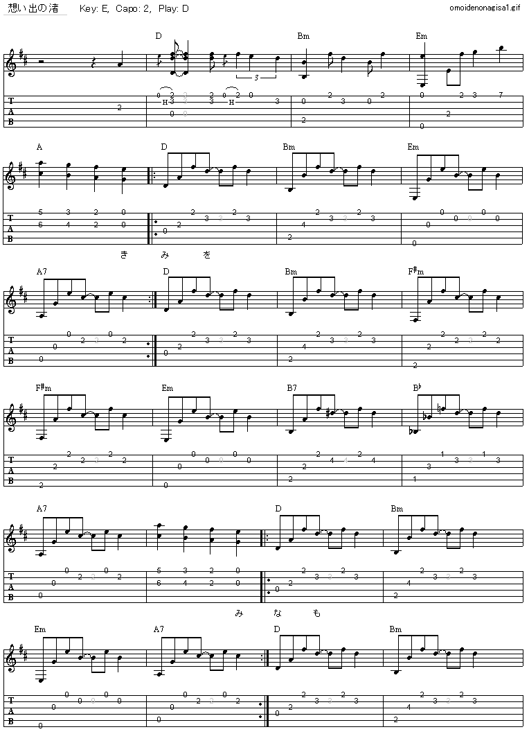 想い出の渚 ザ・ワイルドワンズ ギター弾き語りタブ譜 : ギター