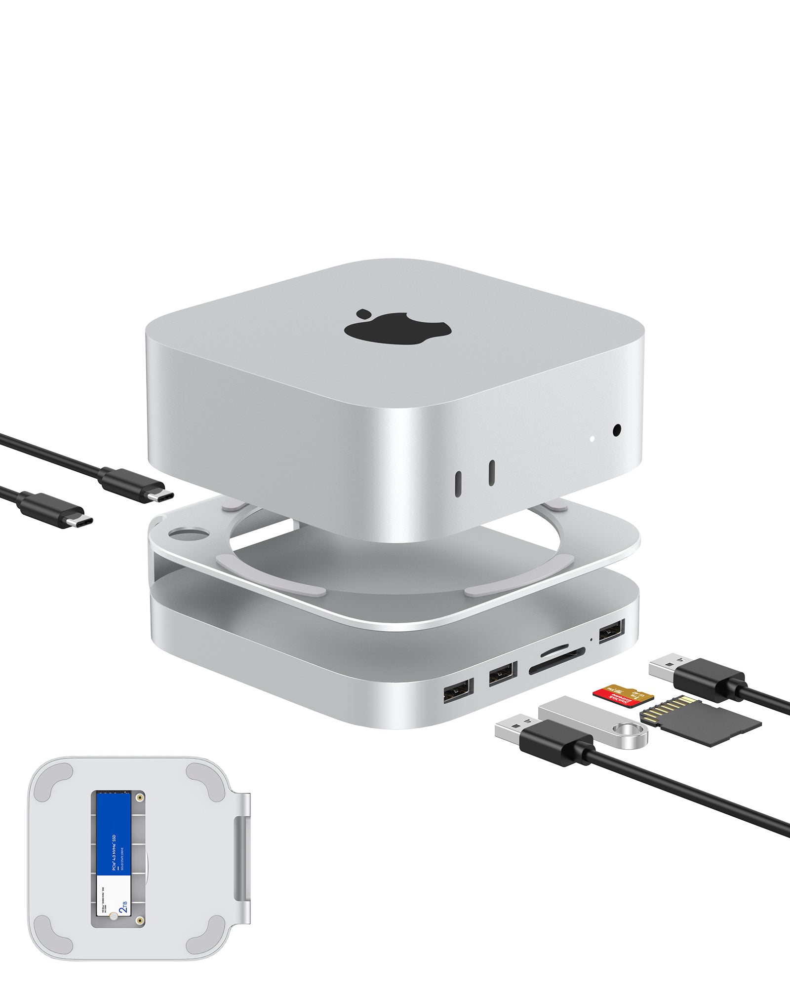 Gewokliy Mac Mini M4 Stand and Hub with M.2 NVMe SSD Enclosure,USB-A 1