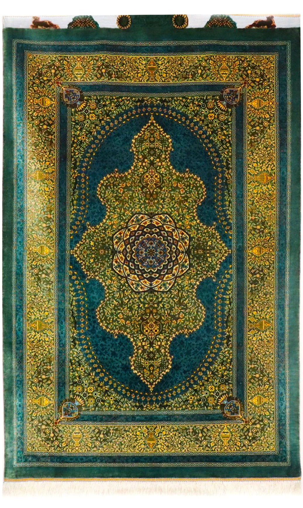 ペルシャ絨毯 クム産 シルク100% [セディギヤン工房] 深グリーン