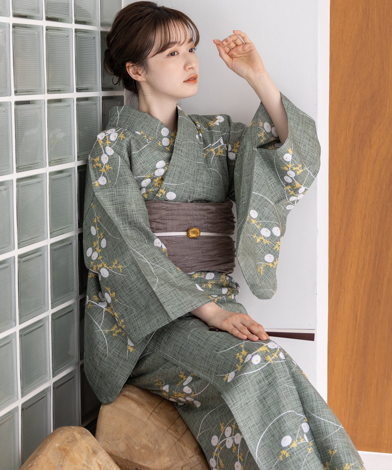 ゆかた館グレース 浴衣セット Sサイズ グリーン系 こだわり浴衣5点