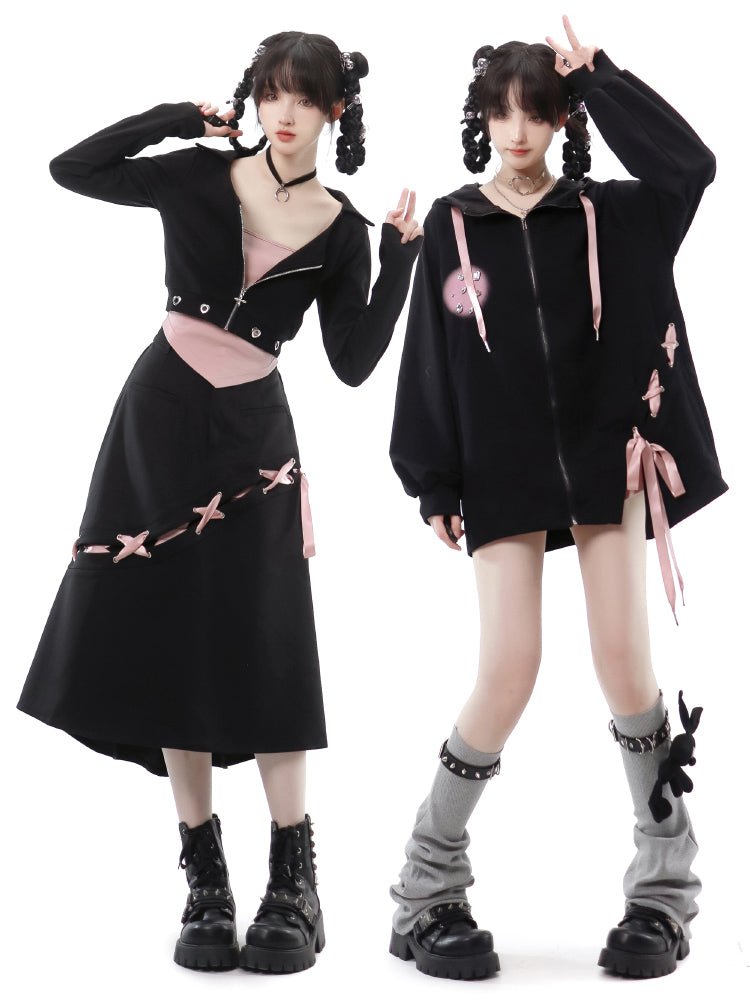 Y2K ピンクサテンリボン レースアップジップアップパーカー 黒×ピンク