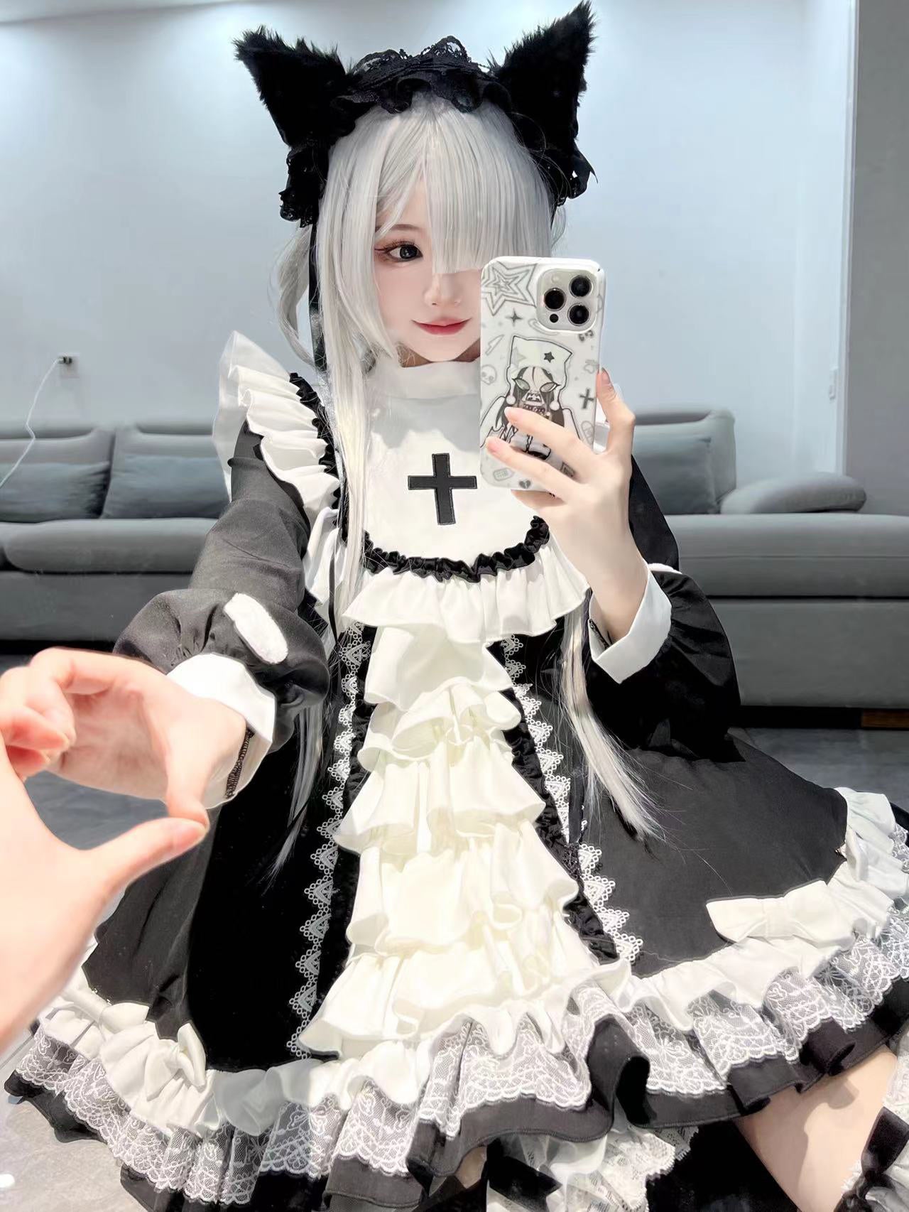 Black and White Gothic Nun Lolita Short Dress – 個性的な