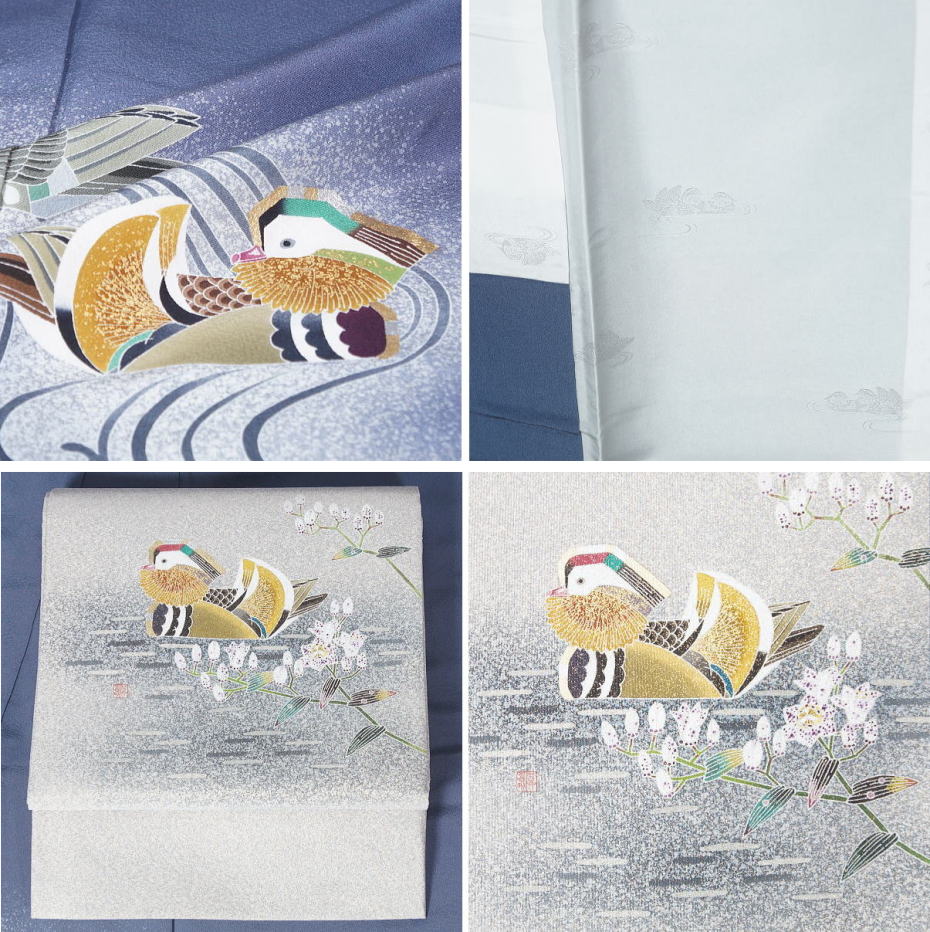 特選】人間国宝 羽田登喜男作 鴛鴦訪問着と袋帯のセット 落款入り