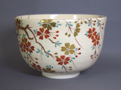 茶道具 茶碗 仁清 色絵 柳に鴛鴦 茜窯 岡田華渓 茶道具 茶碗 仁清 色絵