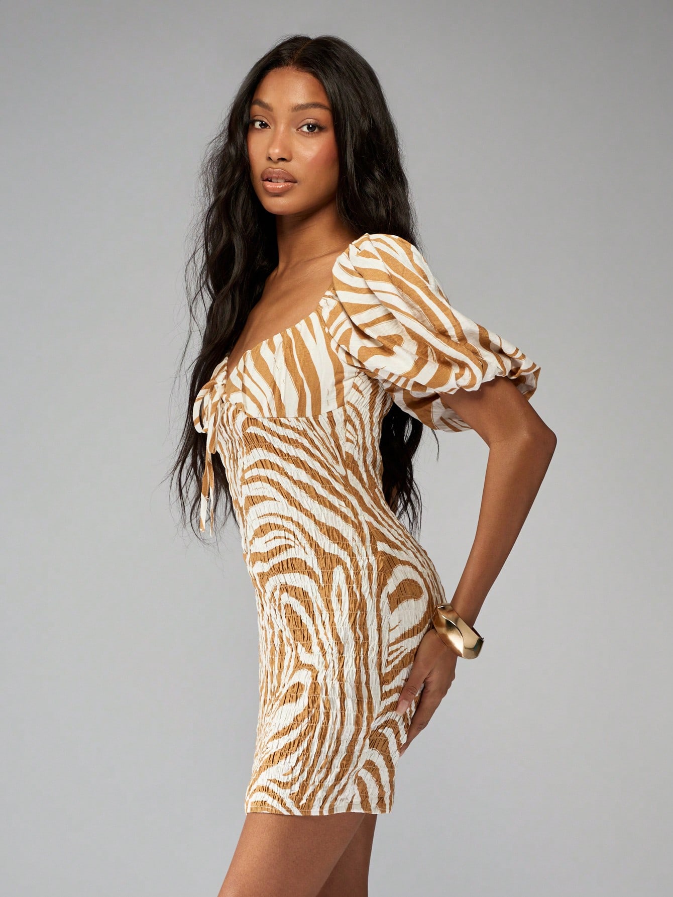 MISSGUIDED Zebra Print Puff Sleeve Milkmaid Mini Dress｜MISSGUIDED