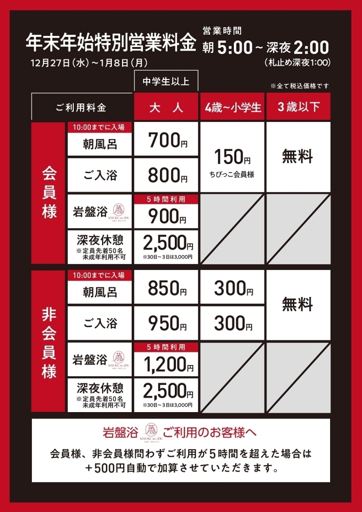 年末年始 特別営業料金のご案内 | 伊予の湯治場 喜助の湯のニュース