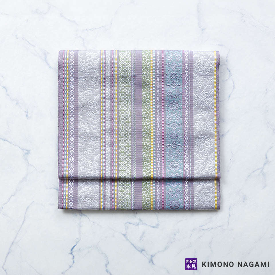 八寸名古屋帯 博多織 更紗間道模様 モダンな配色 仕立て上がり商品