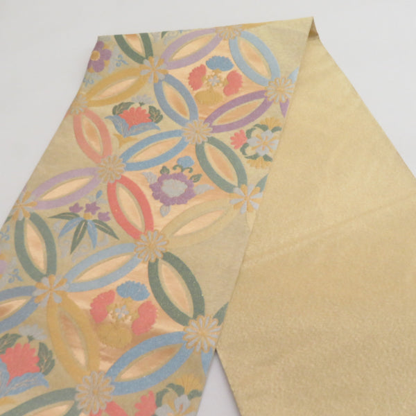 袋帯 七宝紋様 金糸 パステル系 ゴールド色x多色 六通柄 正絹 仕立て