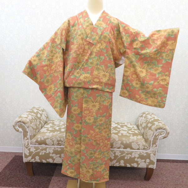 小紋 正絹 袷 バチ衿 赤地×多色 たたき調 花 袖丈長めタイプ 仕立て