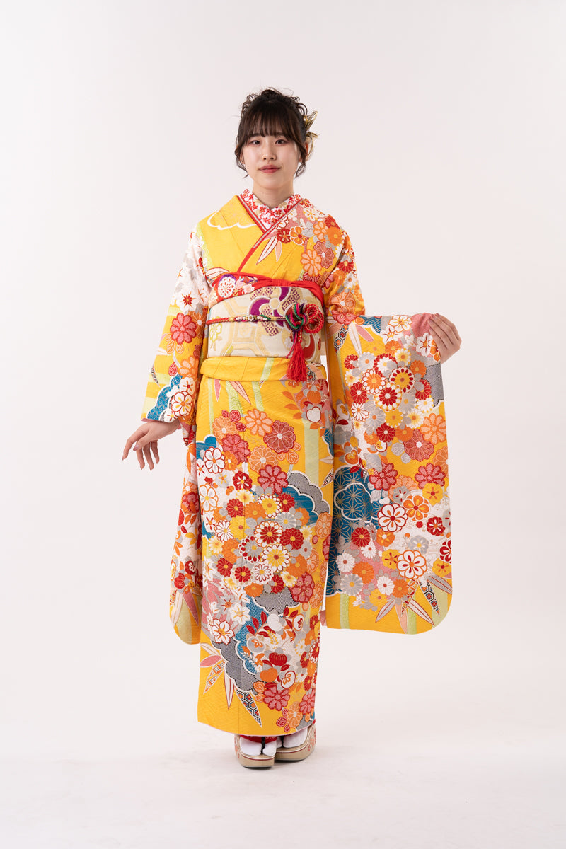 黄色地 青海波 オレンジ花々振袖【191】 – SAKURA TOKYO
