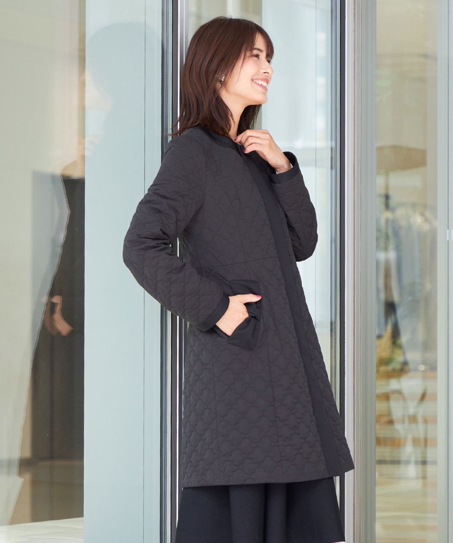 光電子キルティングノーカラー ロングコート(コート)｜TO BE CHIC