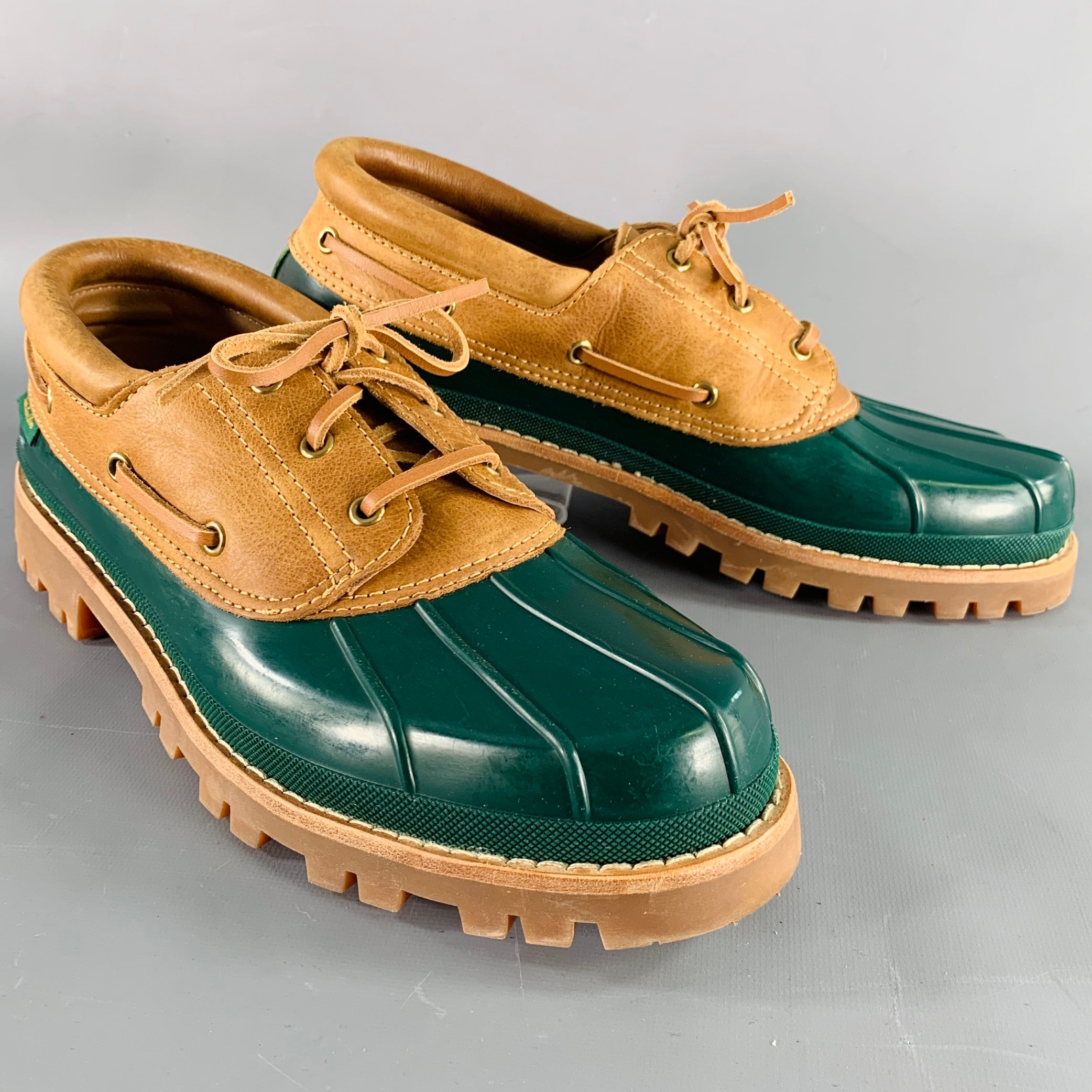 AIME LEON DORE Size 12 Papia Moc Green Brown Rubber Lace-Up Boots