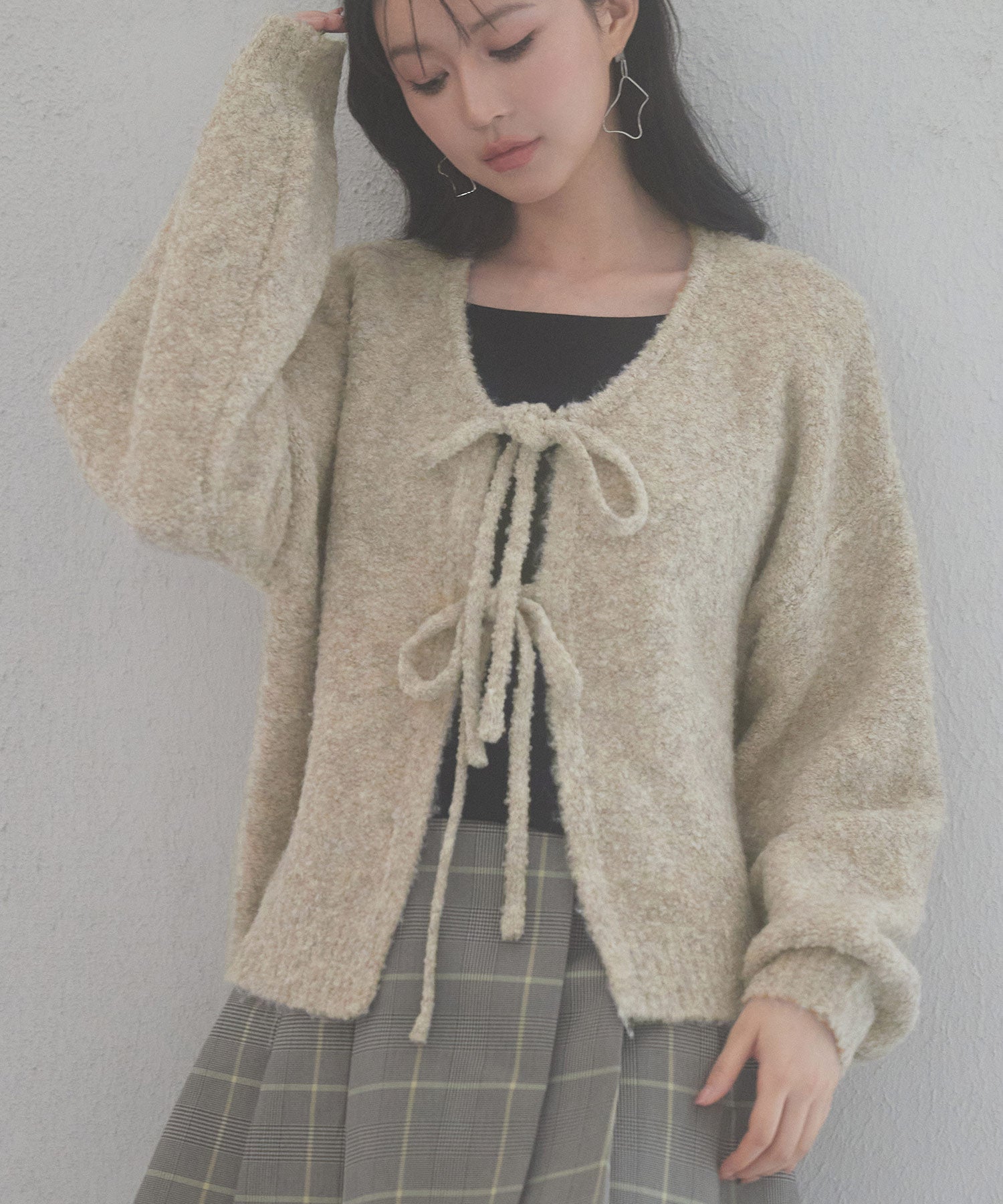 フロントリボンドロップショルダーニットカーディガンsdp8027