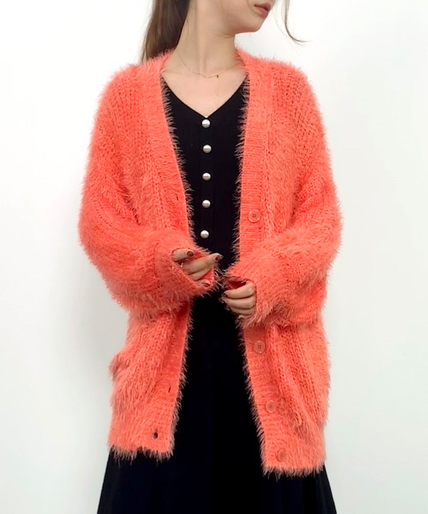 光沢フェザーVネックミドル丈カーディガンsdprb1053 オレンジ – [公式