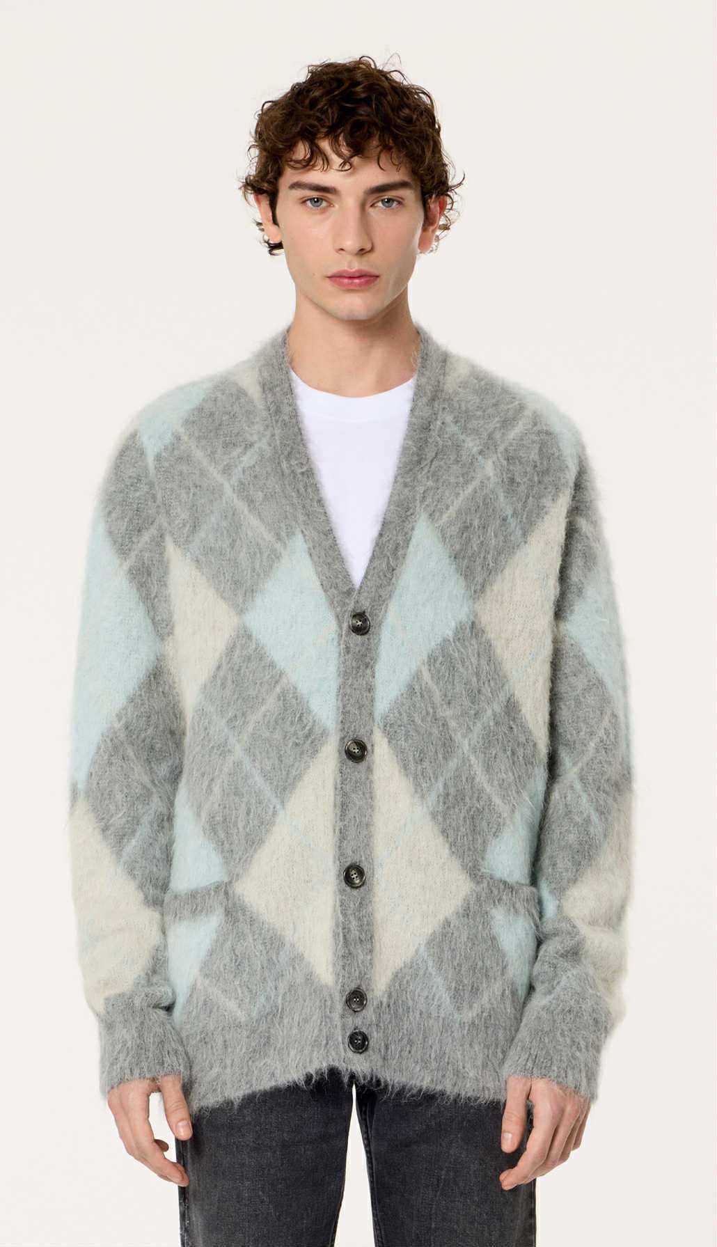 Men's Alpaca/Mohair Grey Argyle Cardigan Sweater by AMI