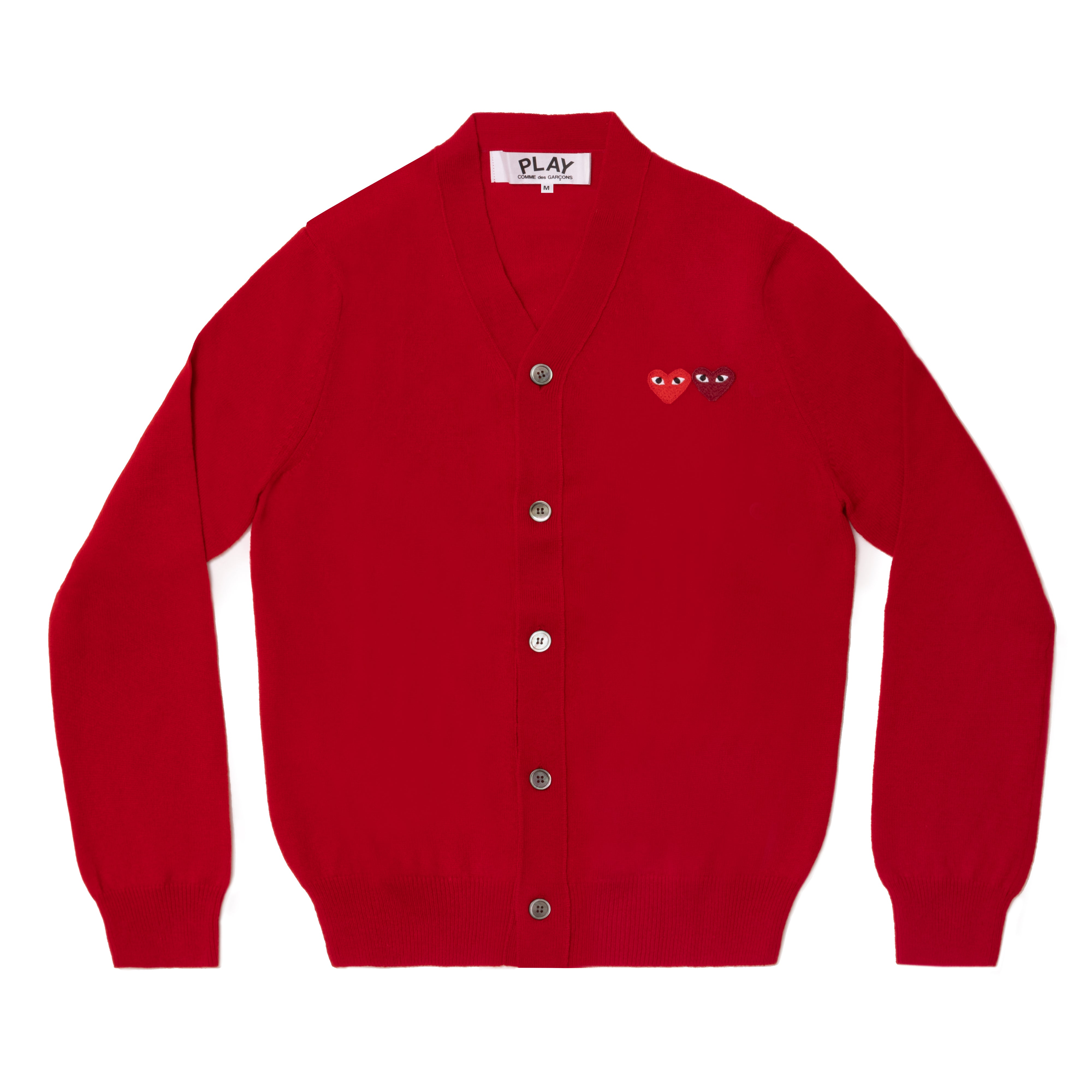 PLAY COMME des GARÇONS: DOUBLE HEART MEN'S CARDIGAN (RED) | DSMG E