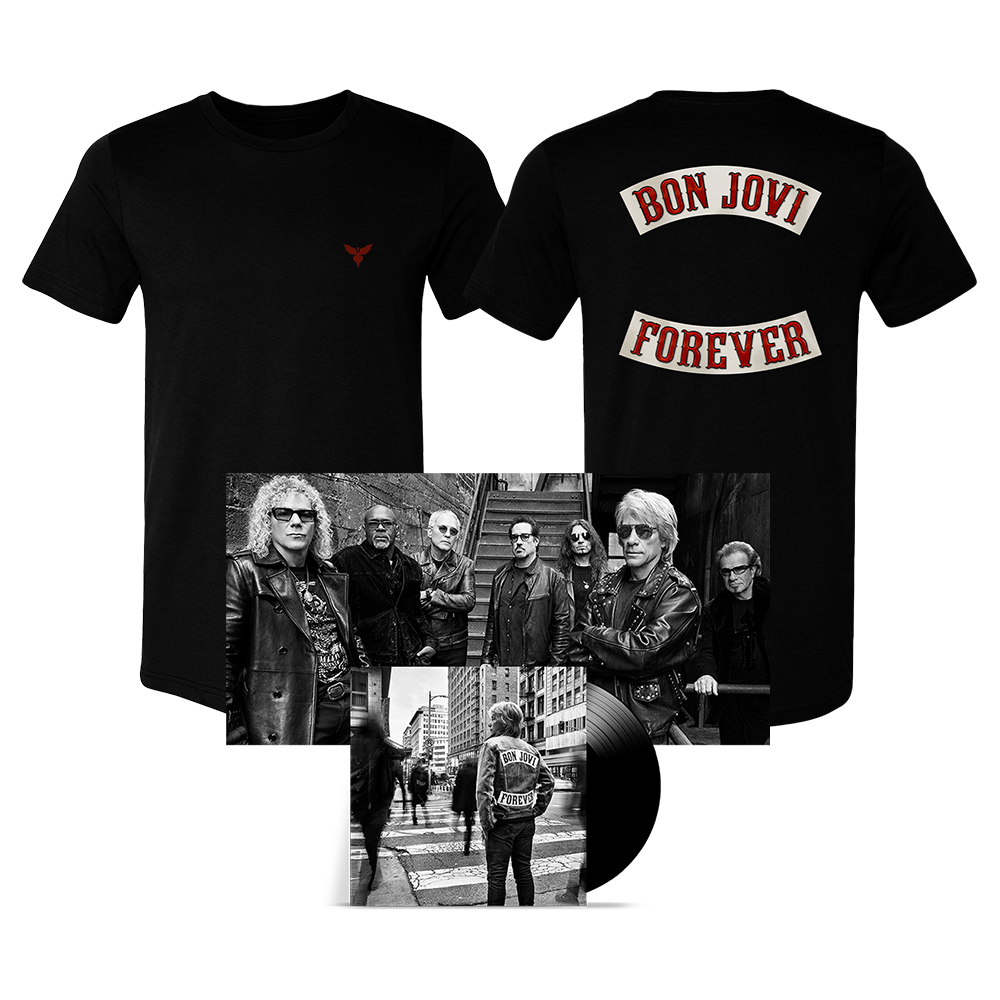 Forever 1LP Black Vinyl + Poster & Patch Tee Fan Pack - Bon Jovi