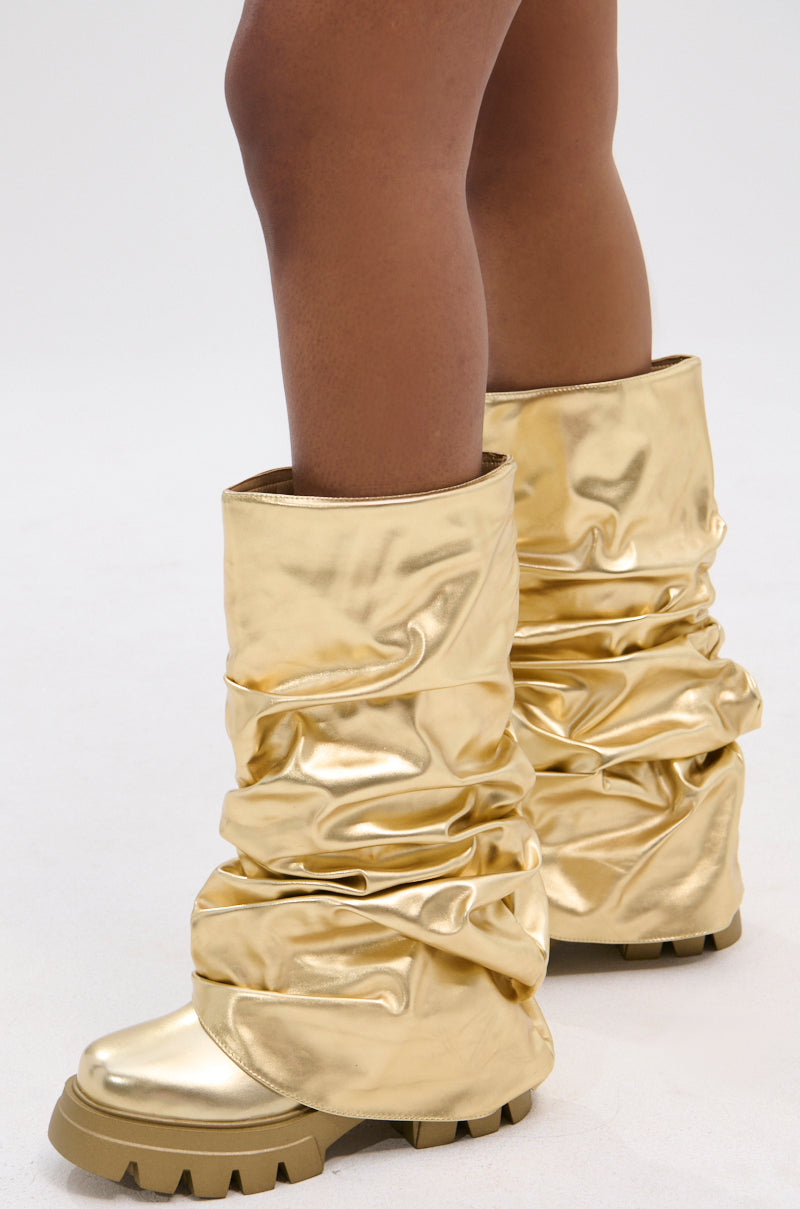 AZALEA WANG MATE METALLIC MID CALF BOOT IN GOLD – AKIRA