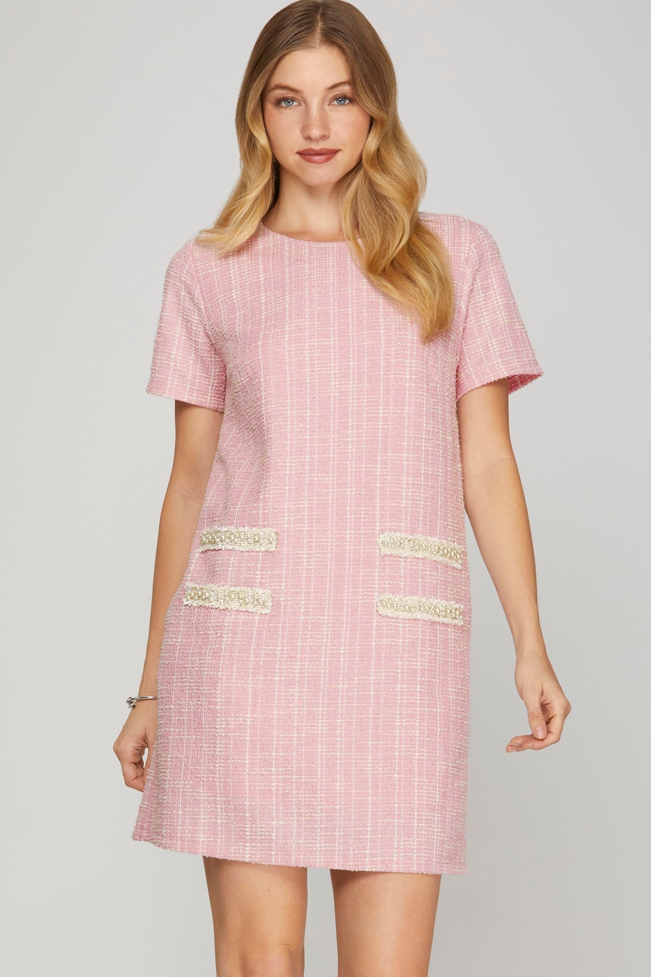 Pearl Trim Tweed Short Sleeve Dress-Pink – Riley Reigh / Mod Market