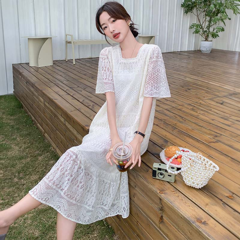 スクエアネックホワイトレースワンピース（白）春/夏 レースで女子力