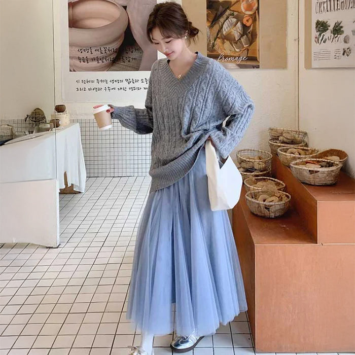 Vネックケーブルニット×チュールスカート（灰・青）秋/冬 ふんわり