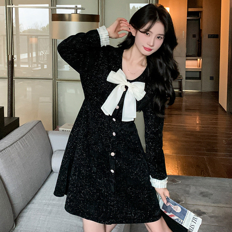 リボン付きオケージョンミニワンピース 黒 春/秋 大人可愛い