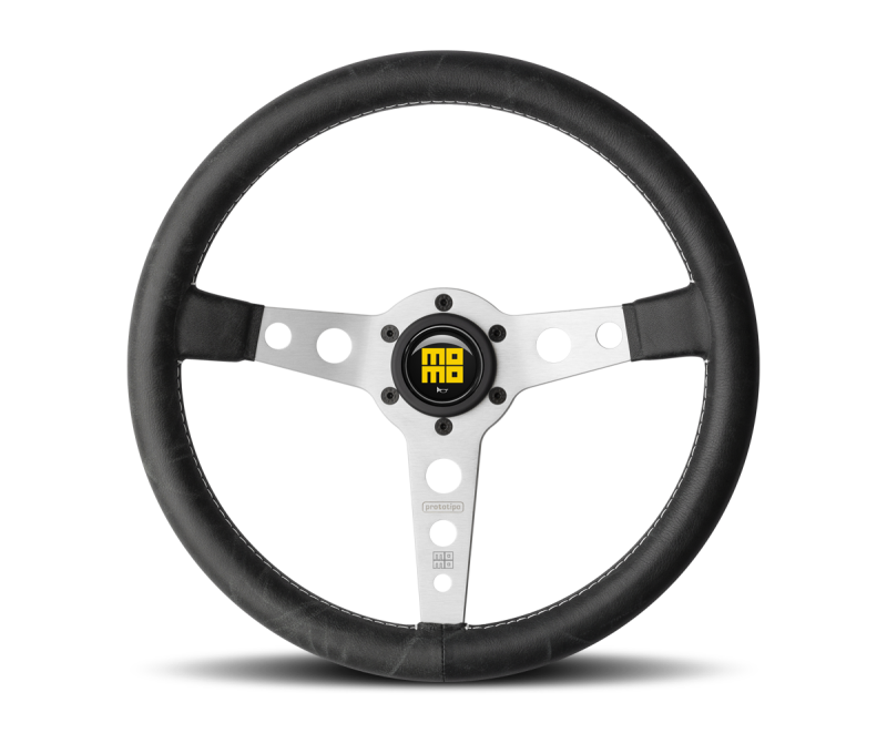 Momo Prototipo Steering Wheel 350 mm - Black Leather/White Stitch/Brsh