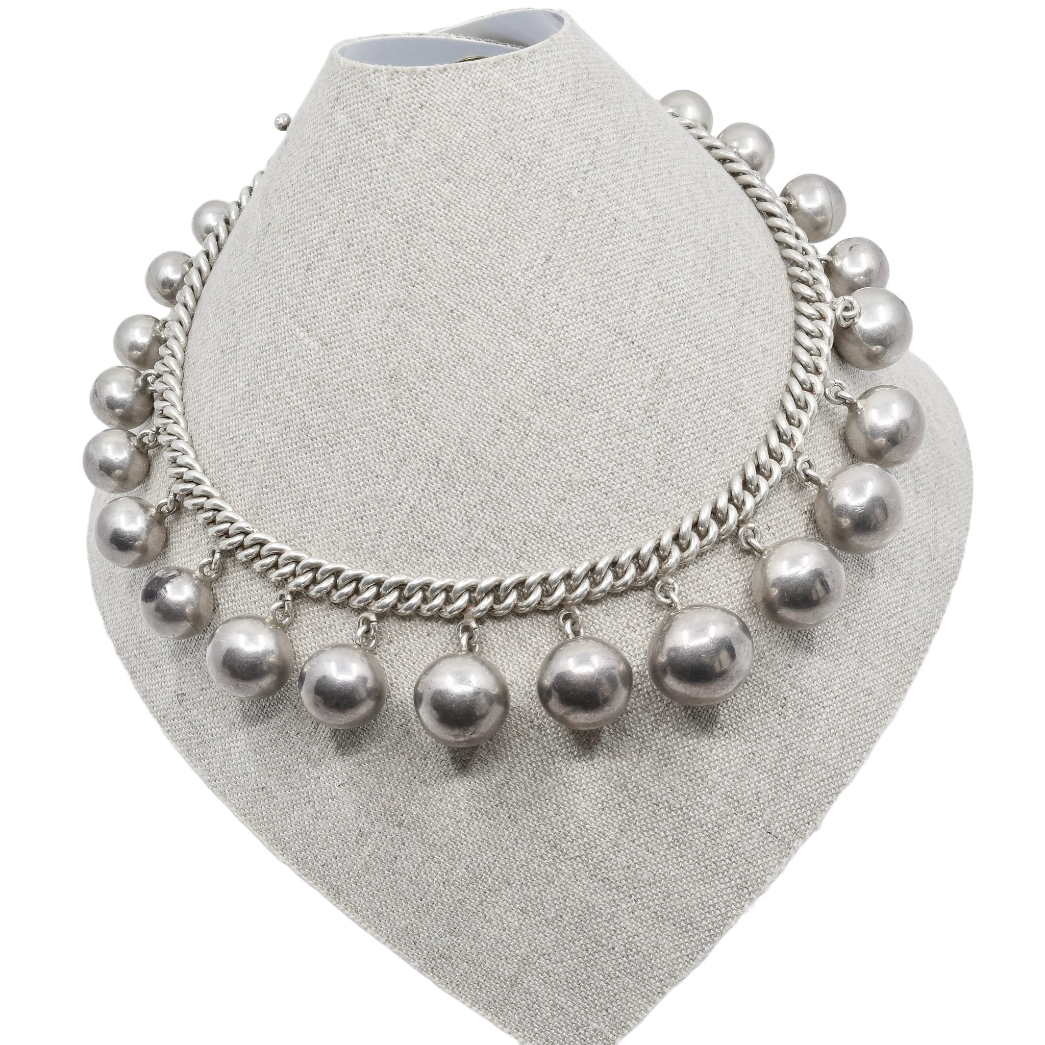 Vintage Mexican Silver Los Castillo Taxco Necklace of Silver Beads