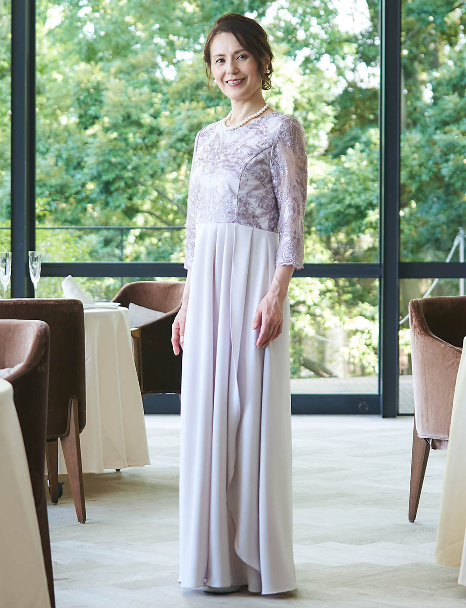 結婚式 母親ドレス グレーベージュ・マザーズドレス レース袖付き