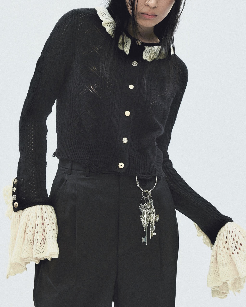 タナカダイスケ| ribbon pattern frilled sleeve knit cardigan Black