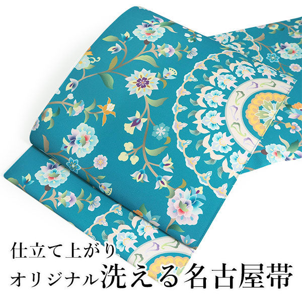 名古屋帯 洗える 単品 ブルーグリーン 花柄 更紗 華紋 オリジナル 八寸