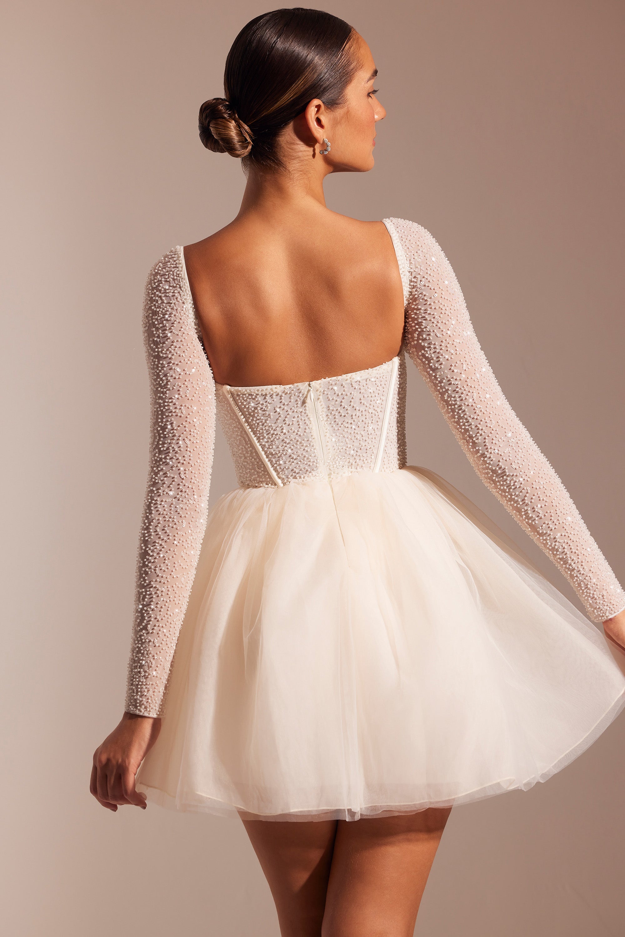 Calliope Embellished Long Sleeve Tulle Skirt Mini Dress in Ivory