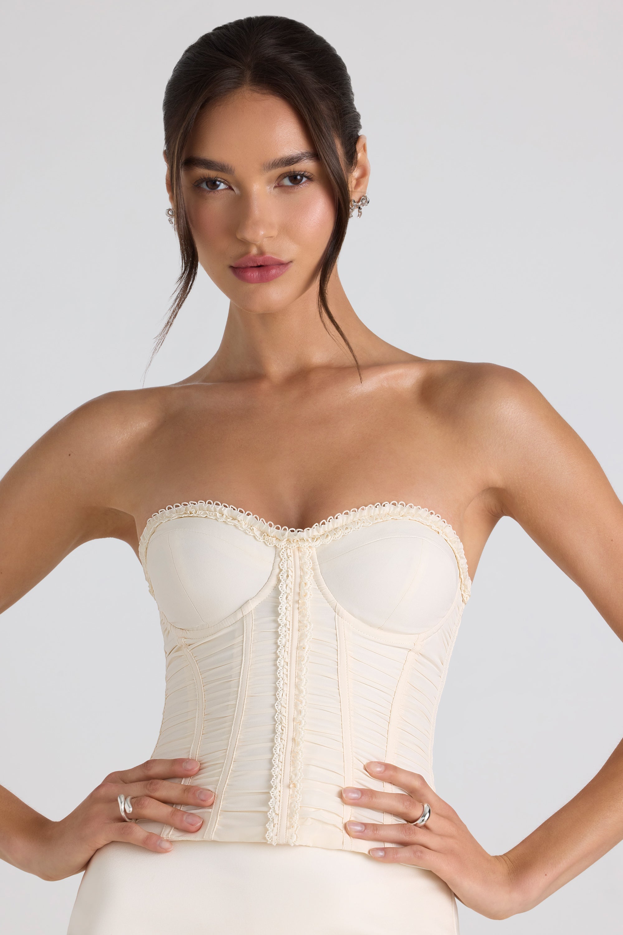 Melvina Ruched Lace-Up Strapless Corset Top in Ivory | Oh Polly
