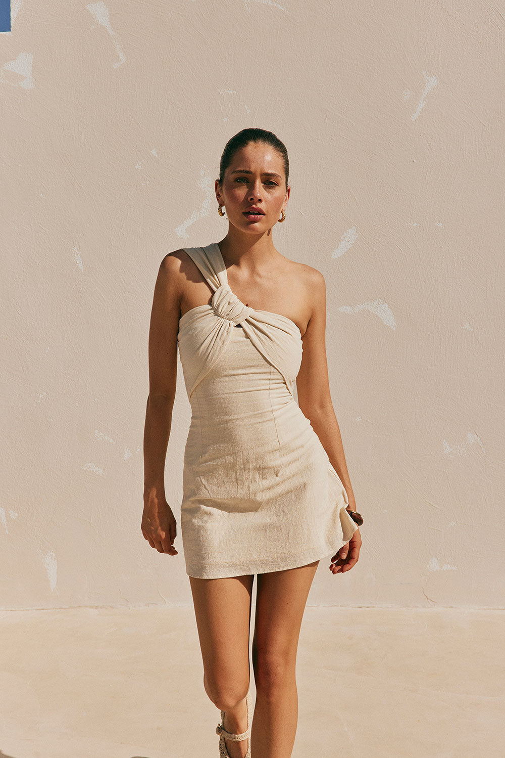 Beige One Shoulder Cutout Mini Knot Dimmi Dress – SABO