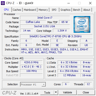 Intel Core i7 @ 4200 MHz - CPU-Z VALIDATOR