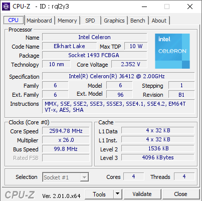 Intel Celeron @ 2594.78 MHz - CPU-Z VALIDATOR