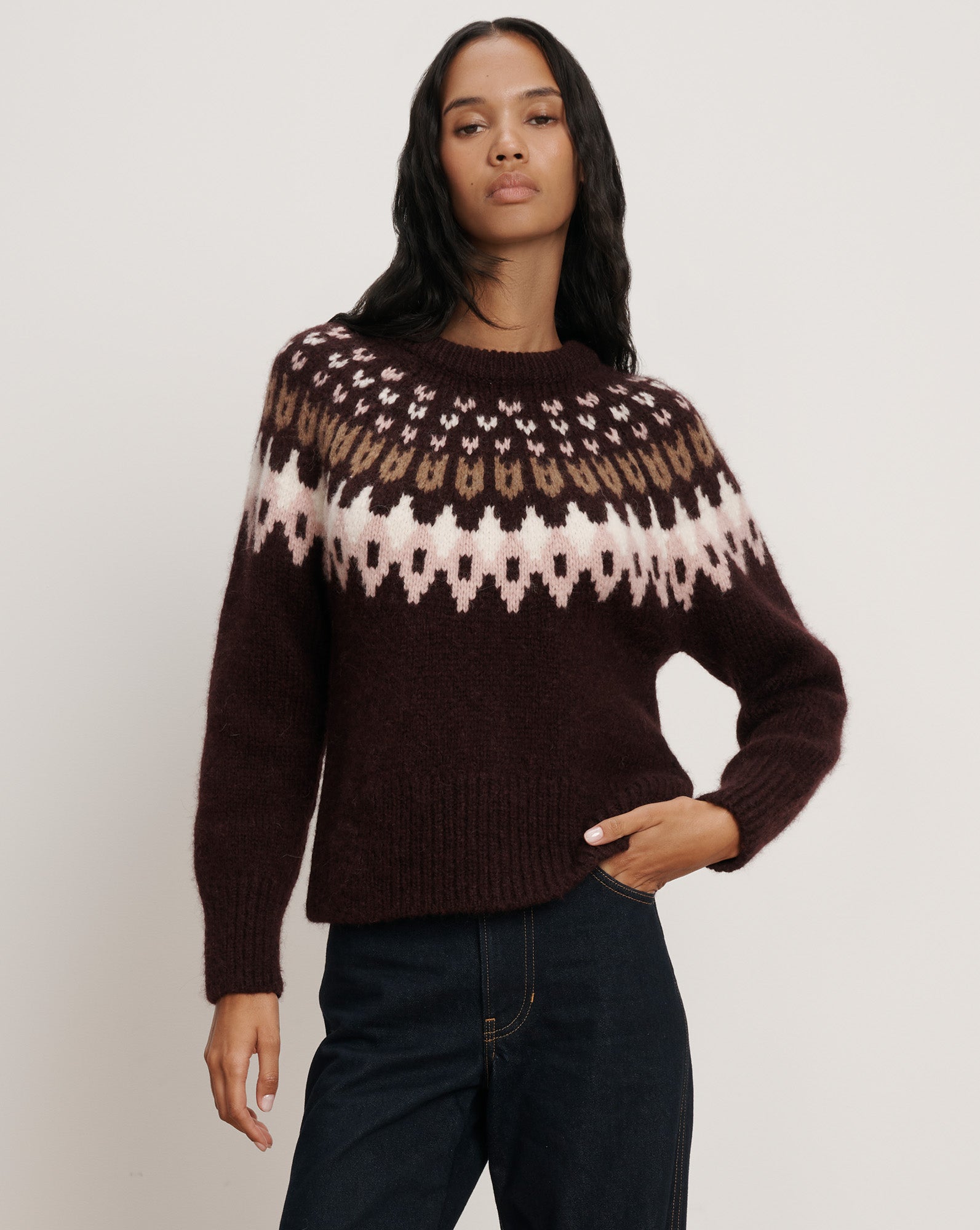 Anne Fair Isle Sweater in Raisin Multi Maroon | Veronica Beard