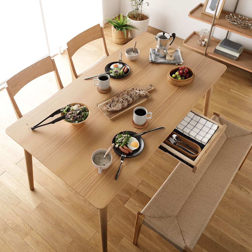 引き出し付 天然木 アッシュ材 ダイニングテーブル 幅150cm/天然素材の