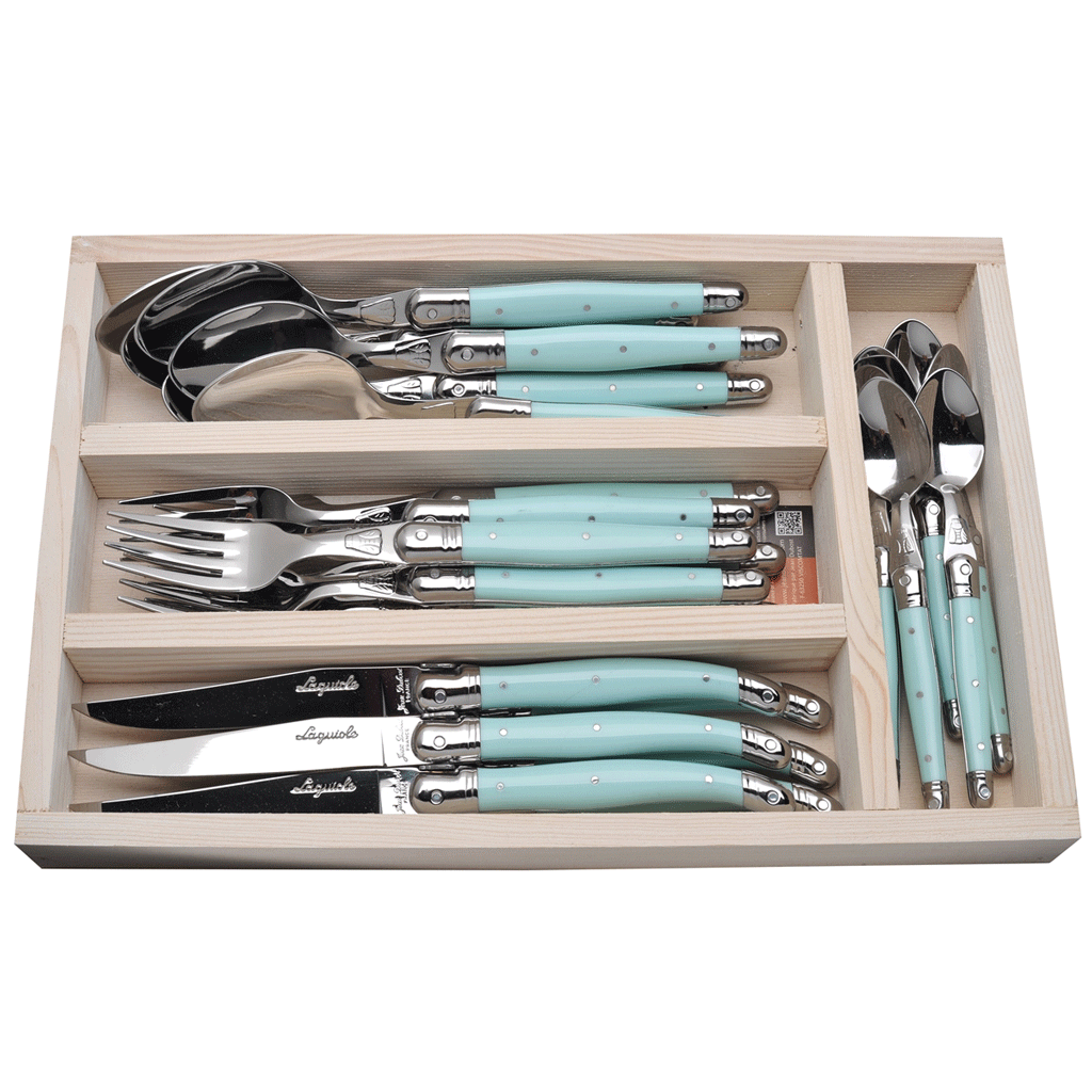 Jean Dubost Laguiole 24pc Flatware Set with tray, Turquoise