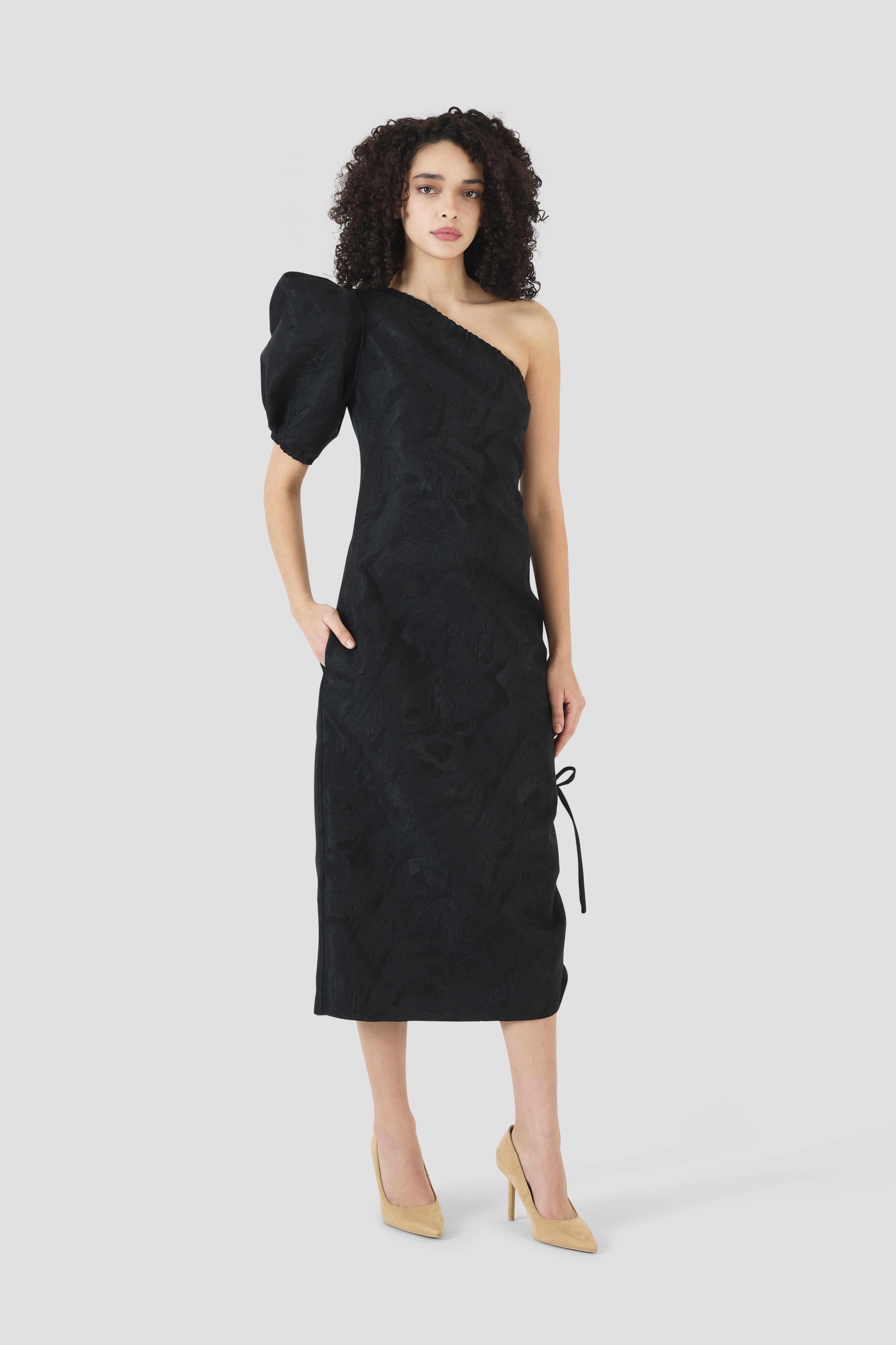 One Shoulder Puff Sleeve Dress in Textured Jacquard – Rosie Assoulin