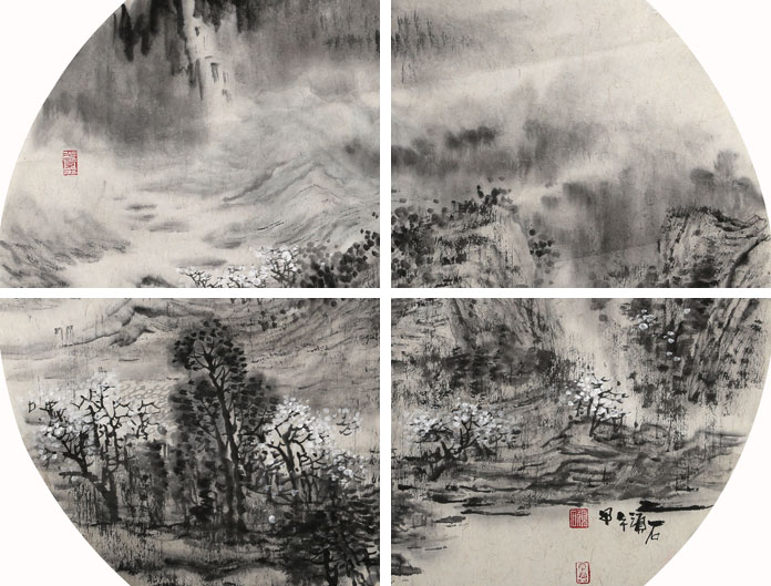 当代水墨漫画名家强春云扇画《春山晓雾》 - 写意山水画- 99字画网