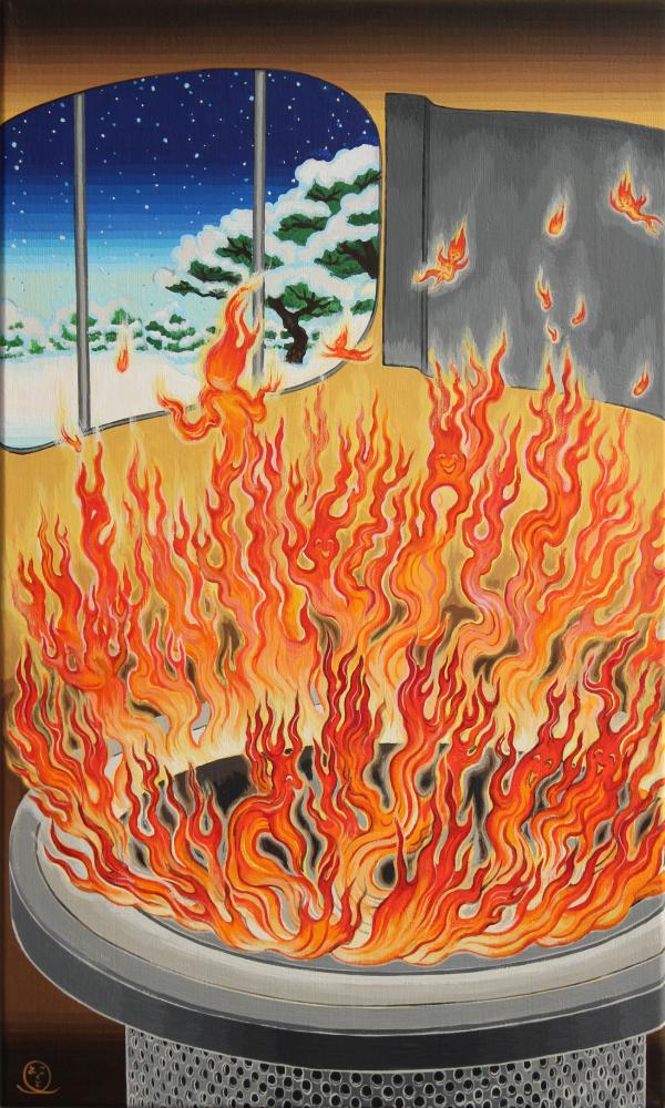 灯油ストーブから眺めるView the snowy landscape from a kerosene