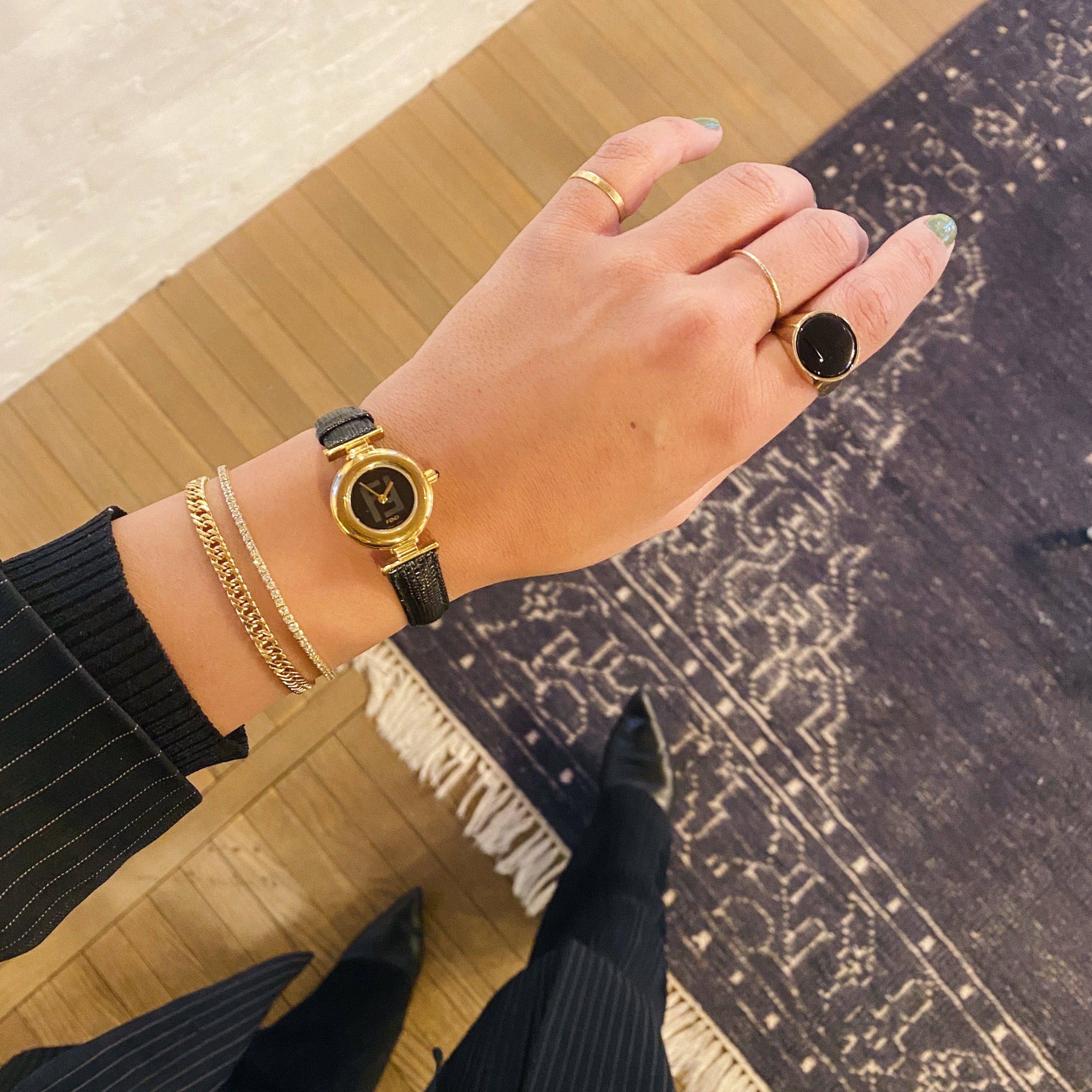 Vintage Gold Fendi Watch with Black Leather Embossed Band – Tarin