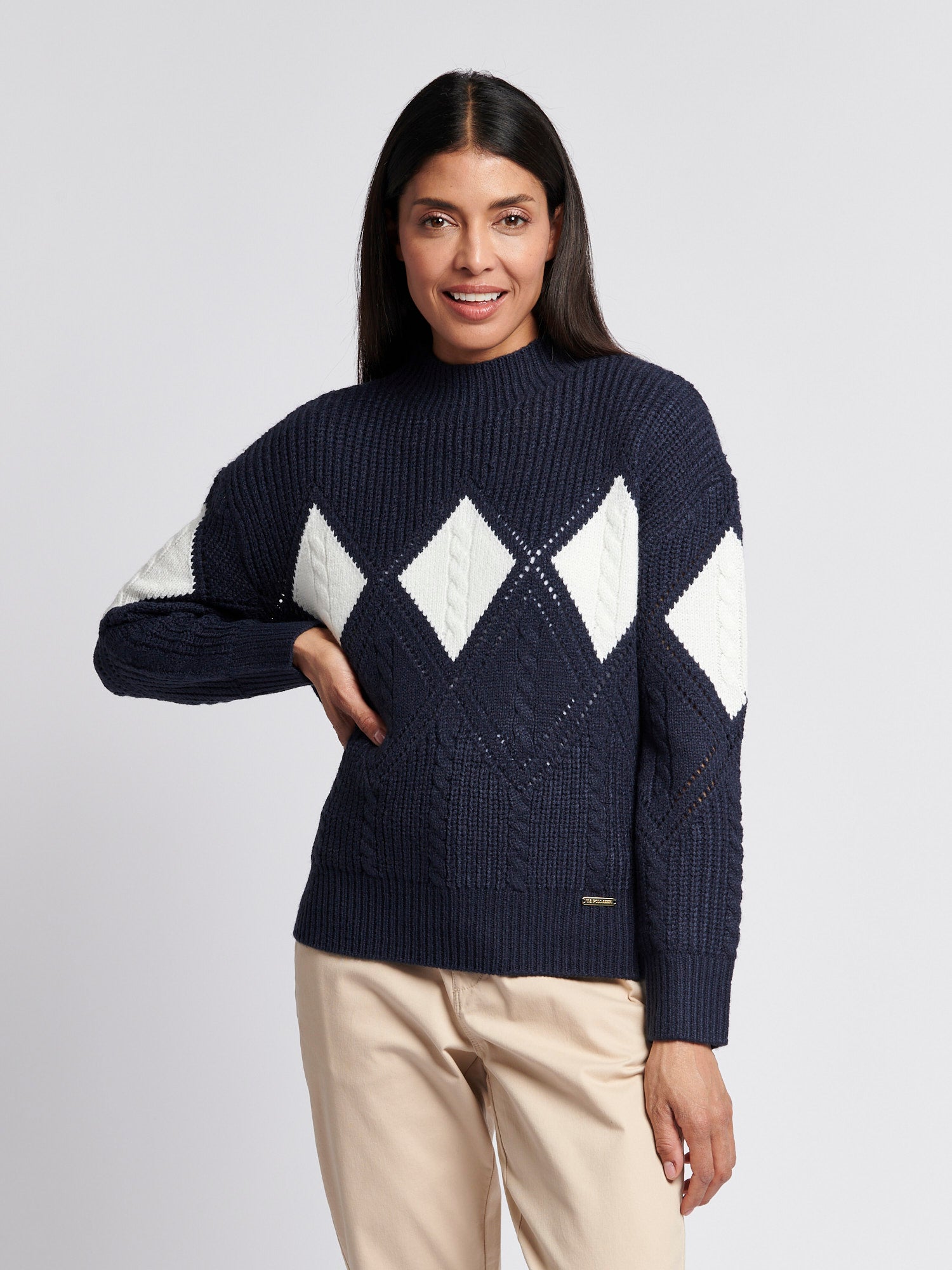 Womens Cable Argyle Mock Neck Jumper in Navy Iris – U.S. Polo Assn. UK
