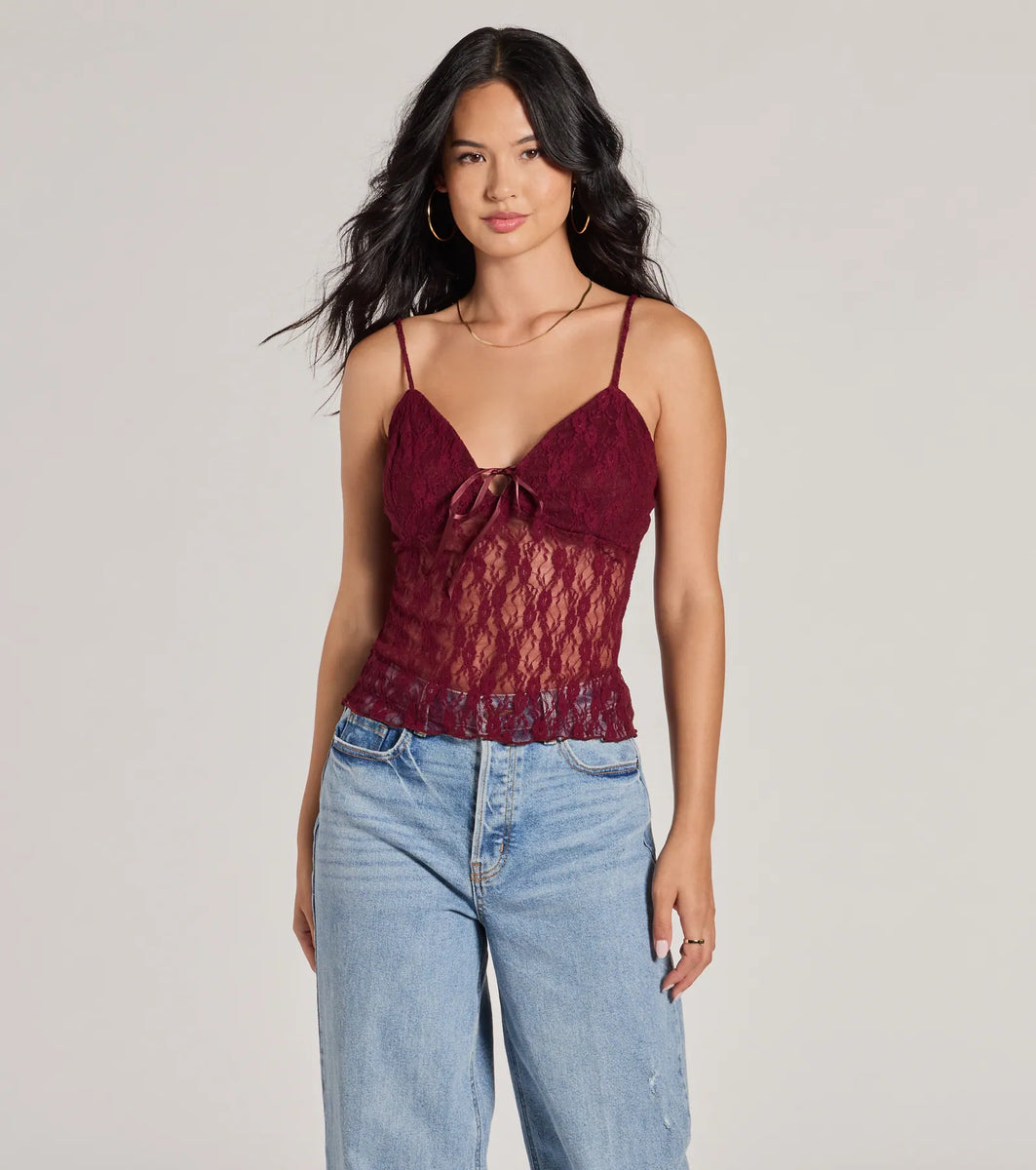 Sheerly Sultry V-Neck Lace Crop Top | Windsor