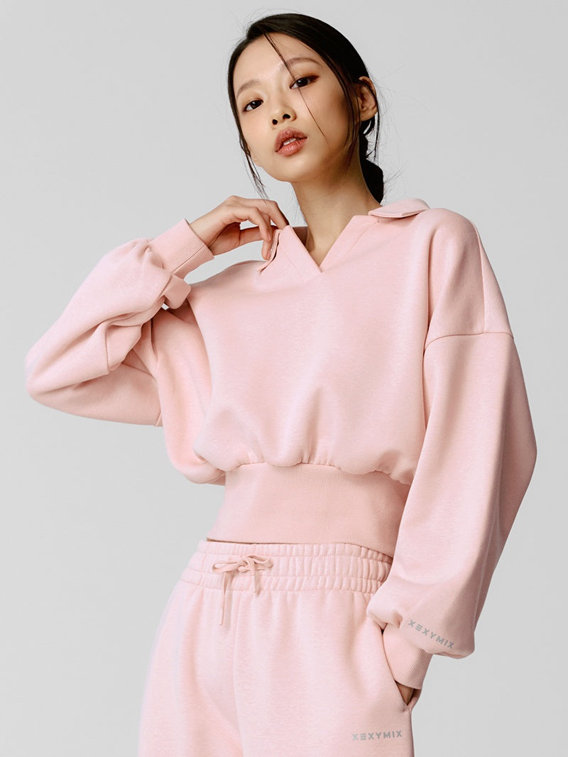 XTFMT11J3 裏起毛 コットン混 オープンカラー クロップド丈 トレーナー