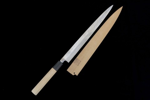 柳刃包丁 尺一 本焼 純日本鋼 鏡面 白水牛黒檀八角柄 白鞘・箱付