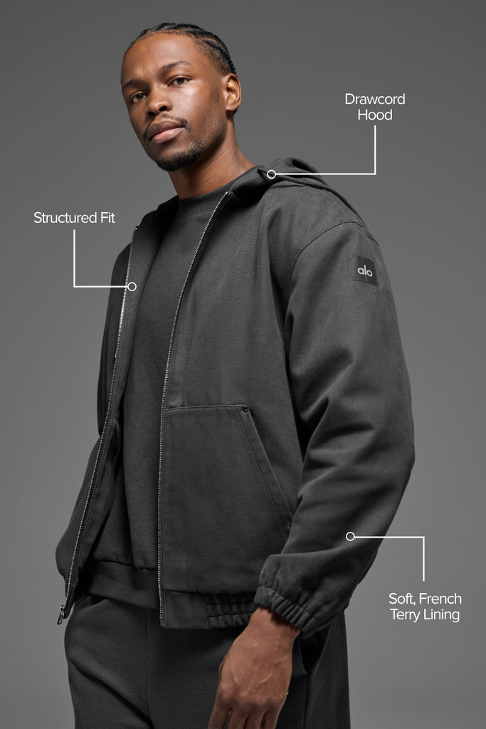 Cotton Canvas Full Zip Hoodie - Anthracite | ALO