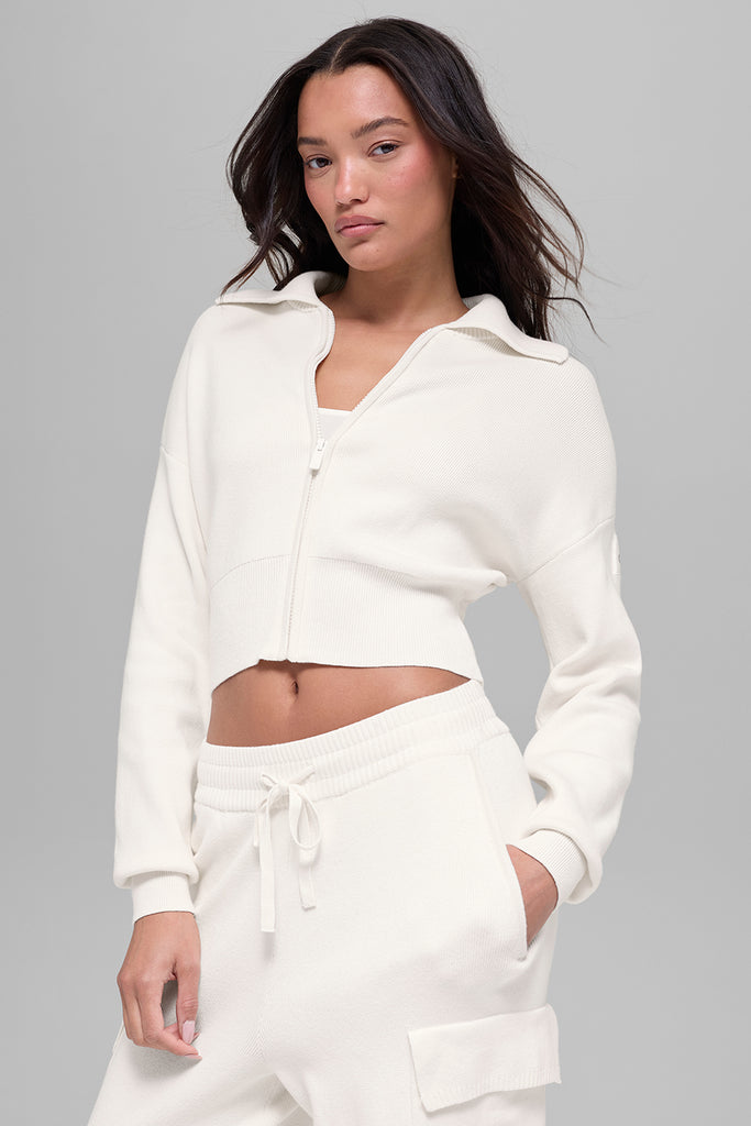 Scholar Knit Cropped Full Zip Jacket - Ivory | ALO