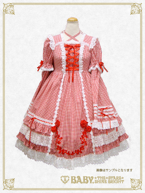 BABY本店「ギンガムチェックの巻きバラドールワンピース・ヘッドドレス